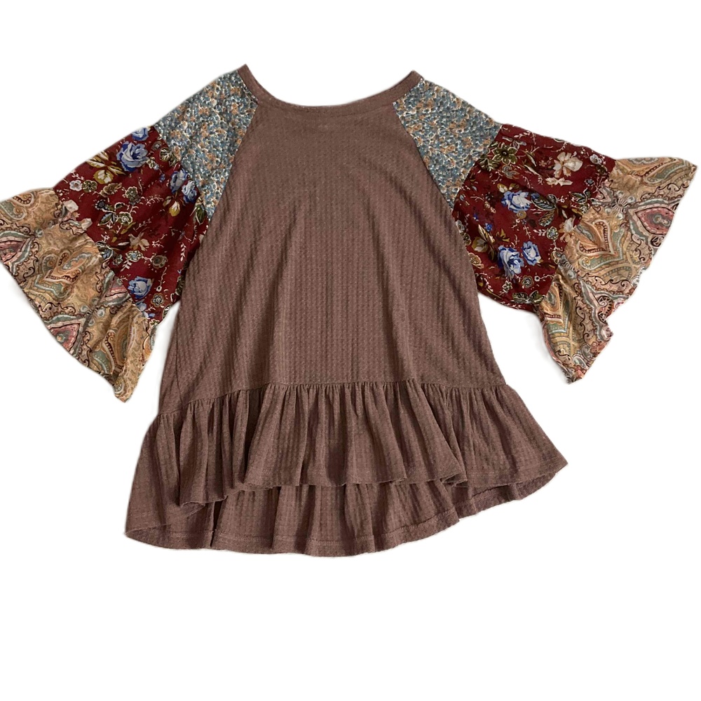Umgee Wine Patchwork Bell Sleeve Festival Bohemian Blouse Small